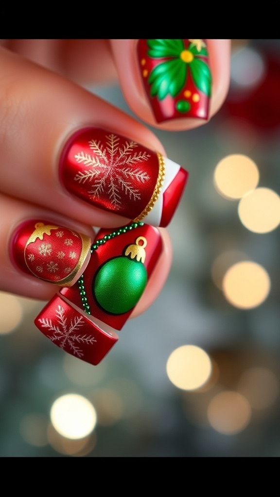 Close-up of Christmas ornaments nail art with red, green, and gold designs on a festive background.